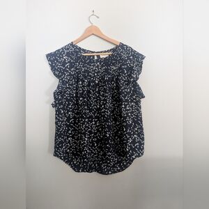 MELLODAY Women's Large Blouse, Dark Blue w/Light Tan Leaves